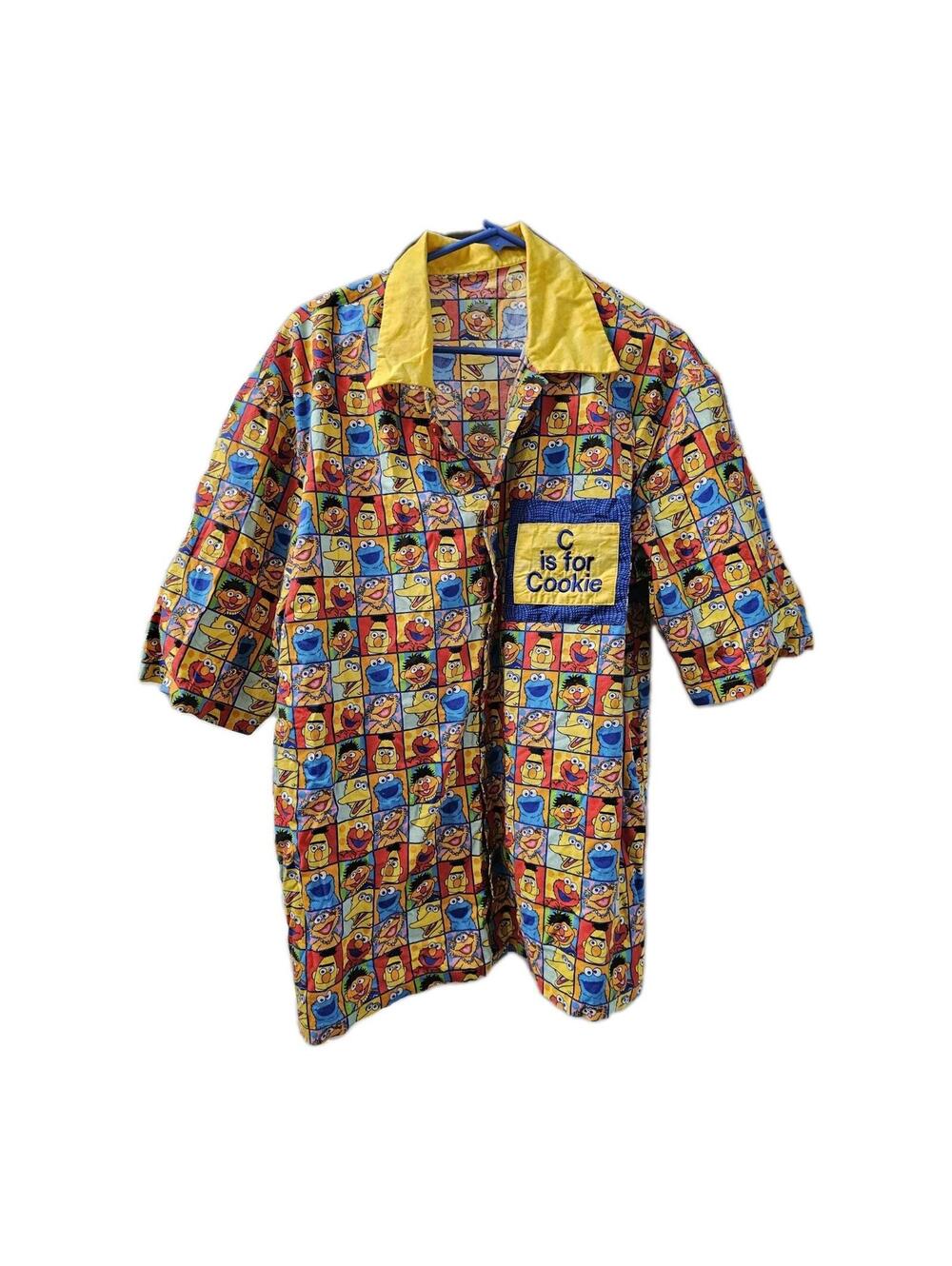 Sesame Street Cookie Monster C Is For Cookie Patchwork Button Up Shirt VTG